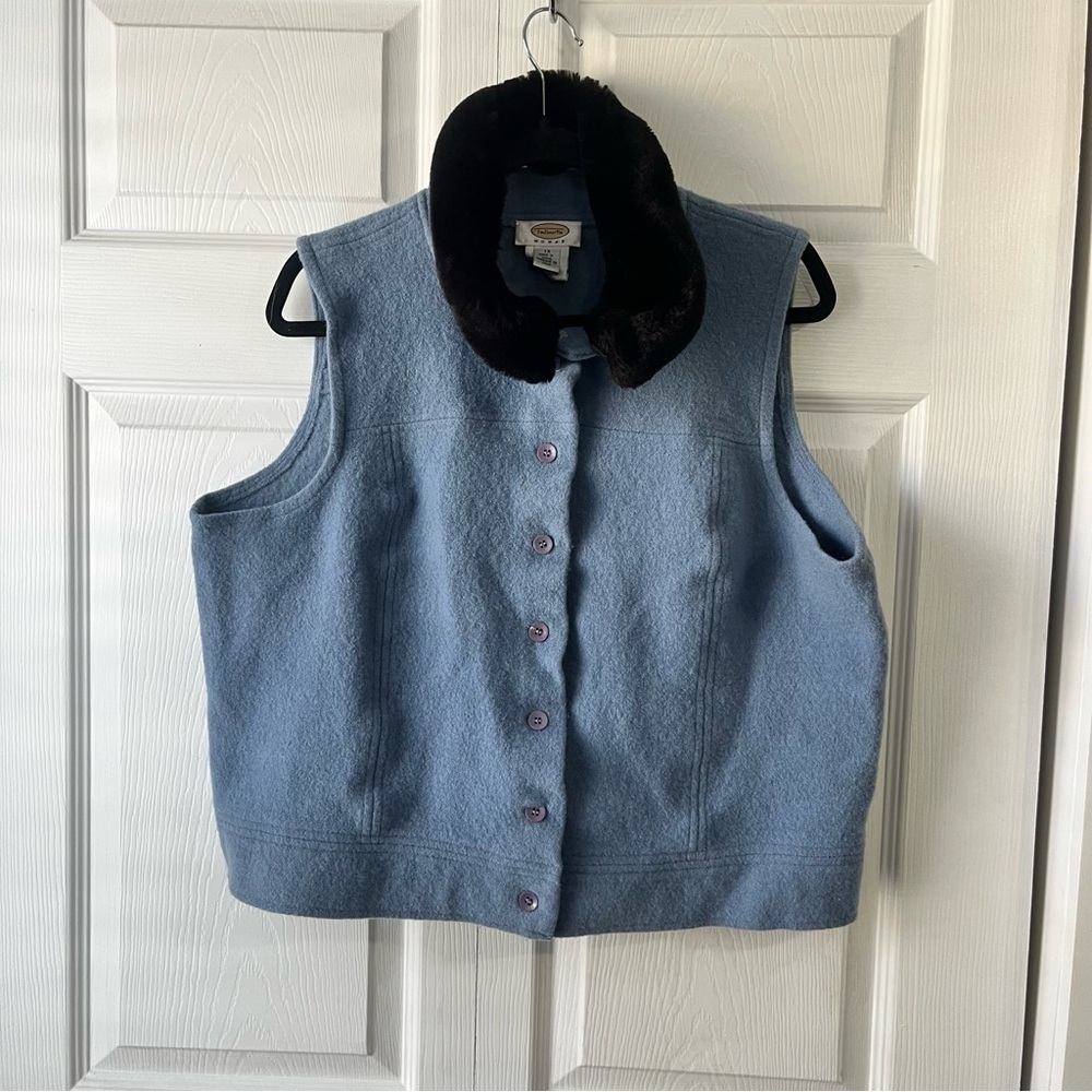 Talbots Vintage Wool Blue Vest Black Faux Fur Collar Womens Size 1X